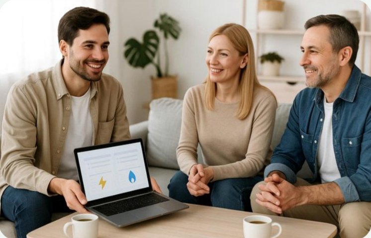 Un conseiller présente à deux clients l'analyse de leurs contrats d'énergie sur un ordinateur portable