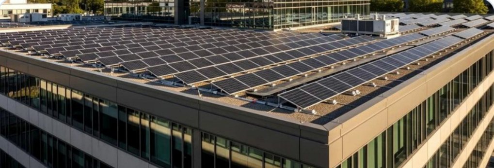 Panneaux photovoltaïques sur la toiture d'un bâtiment tertiaire