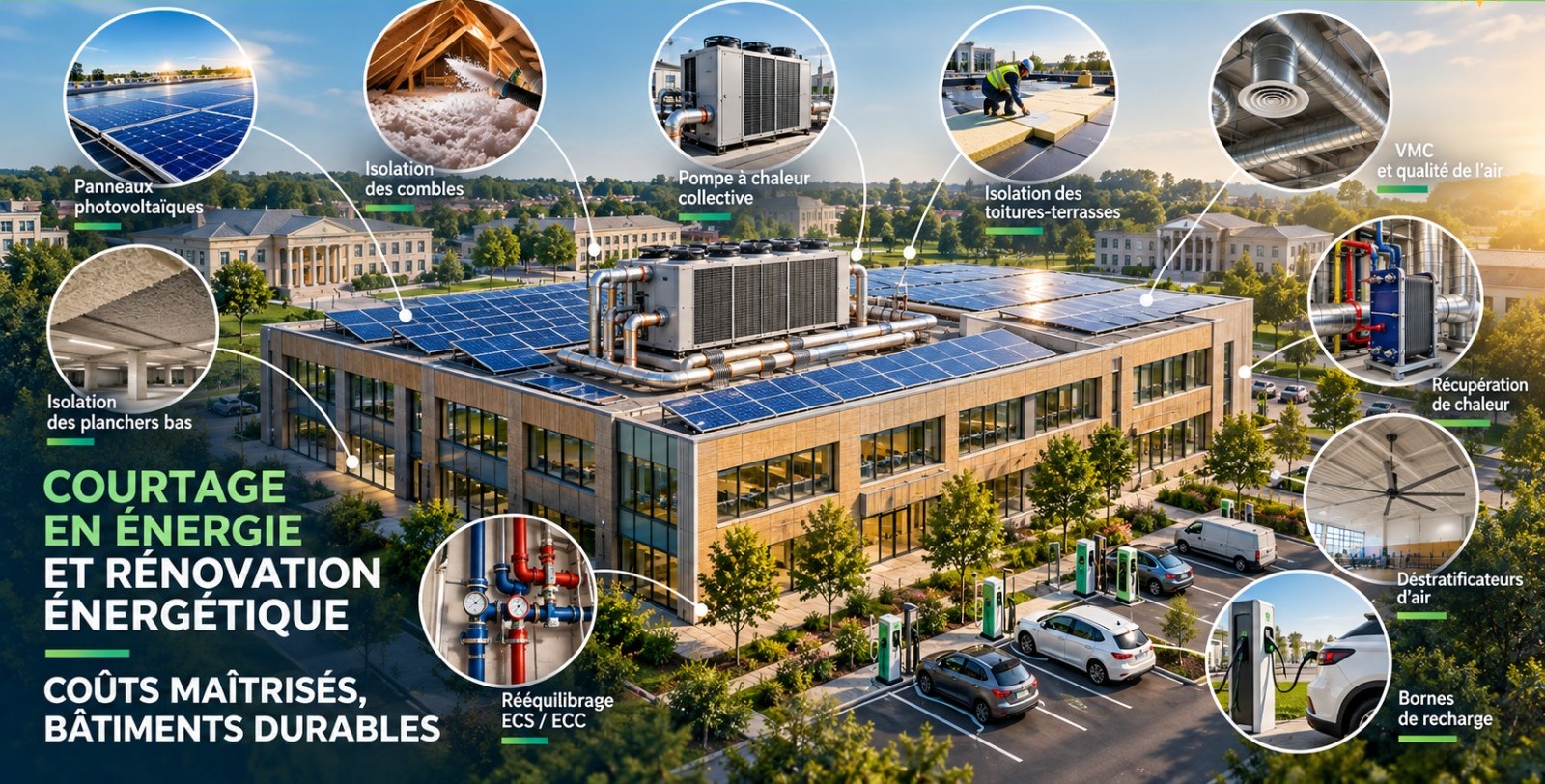 Vue aérienne d'un bâtiment tertiaire avec ses équipements : panneaux photovoltaïques, pompe à chaleur, isolation des combles, des toitures-terrasses et des planchers bas, VMC, récupération de chaleur, déstratificateurs, bornes de recharge et rééquilibrage ECS / ECC